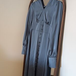 Satin Long Sleeve Button-Front Dress in Slate Blue
